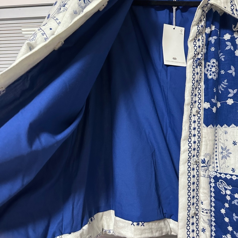 CAROLINE CONSTAS Blue and White Linen Jacket with Patchwork Bandana Print 💙🩵 - Picture 6 of 13